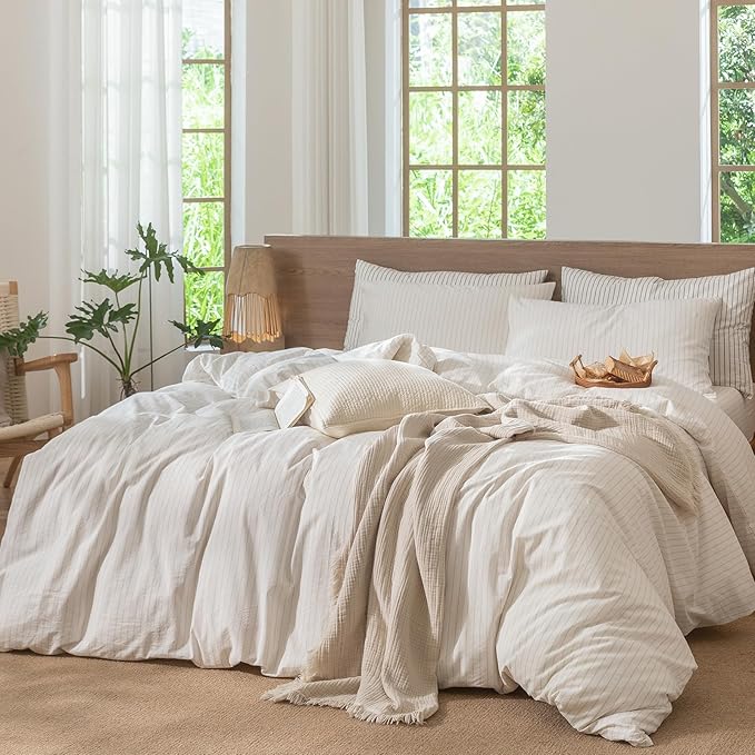 MooMee Striped Duvet Cover Set 100% Washed Cotton Linen Like Textured Breathable Durable Soft Comfy (White Almond Milk Grey Wide Stripes, Full 80"x90")