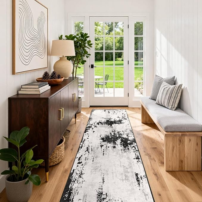 3x8 Hallway Washable Runner Rug: Extra Long Kitchen Runner Non Slip Abstract Rugs Printed Faux Wool Low Pile Soft Indoor Floor Carpet for Bedroon Dining Living Room Bathroom Black White 3x8