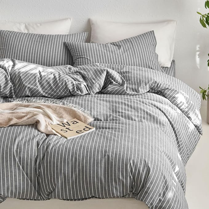 MooMee Striped Duvet Cover Set 100% Washed Cotton Linen Like Textured Breathable Durable Soft Comfy (Dark Grey White Wide Stripes, Queen 90"x90")