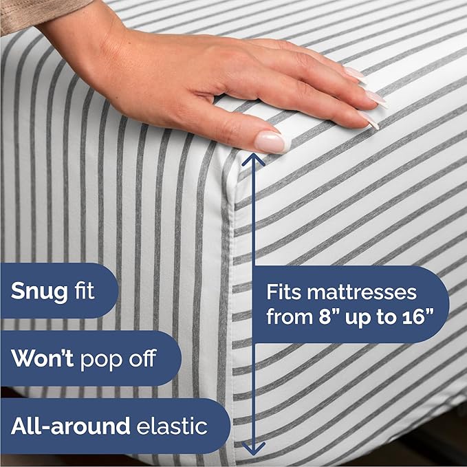 Queen 6 Piece Sheet Set - Cooling, Comfy & Breathable - Hotel Luxury Bedding, Includes Fitted Sheet for Women, Men, Kids & Teens - 1 Flat, 1 Fitted Sheet, 4 Pillowcases w/Deep Pockets - Grey Stripes