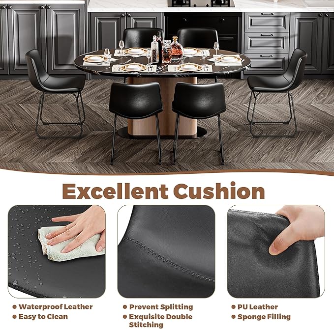 Dining Chairs Set of 6, 18 Inch Kitchen Chairs with Back, Faux Leather Armless Dining Room Chairs with Metal Legs for Home, Bistro Coffee Shops (Black)