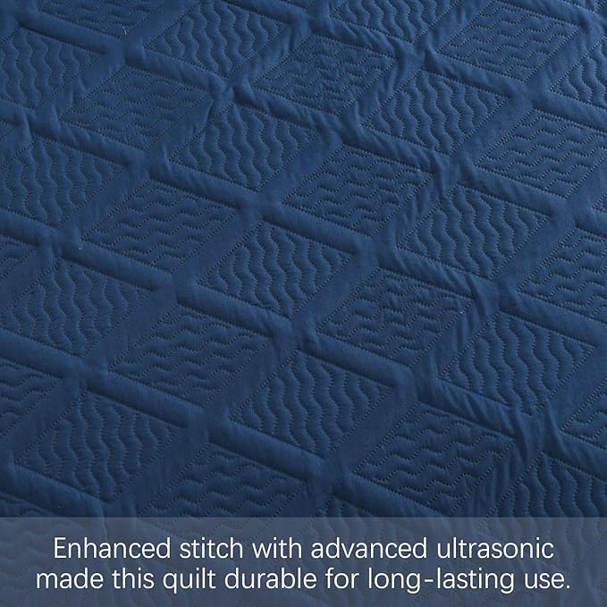 Yiran Quilt Queen Size Bedding Set Navy Blue Bedspreads Embossed Diamond Pattern 3 Piece Soft Microfiber Coverlet for All Season with 2 Pillow Shams (96x90 Inch)