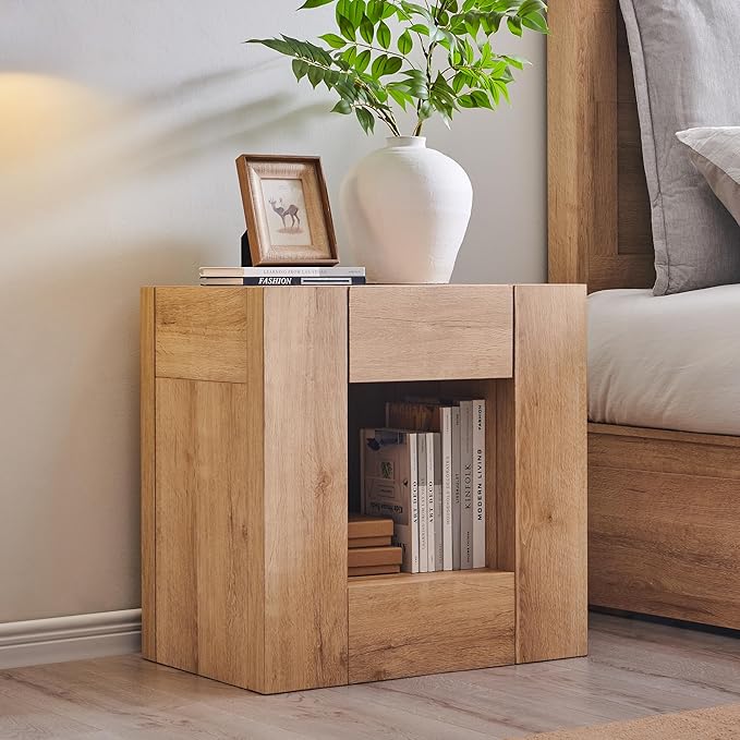 OKD Modern Nightstand with Charging Station, 24" Large Bedside Table, Rustic End Table with Drawers & Open Shelf for Bedroom/Living Room, Night Stand Wood Thick Design,Natural Oak