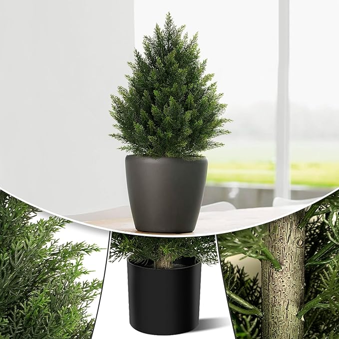 Outdoor Artificial Cedar Topiary Tree, Faux Evergreen Shrubs for Front Porch Decor, Lifelike Fake Bushes Plants for Home Living Room Front Door Decor (2, 2ft)