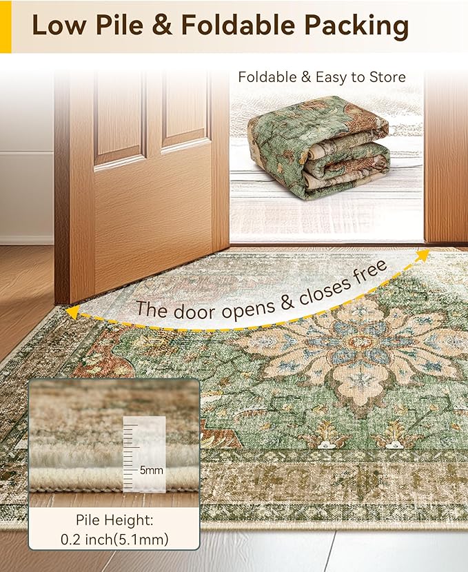 Area Rugs Square 10ft Washable Non-Slip, Floral Vintage Distress Print Pattern Medallion Carpet for Living Room Bedroom Dining Room, Brick Red Rust Neutral Brown Burnt Orange Green