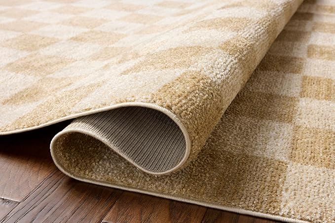 Loloi Chris Loves Julia Calvin Collection CLV-01 Wheat/Ivory 7'-10" x 7'-10" Round Area Rug Checkered Neutral Soft Living Room Bedroom Carpet