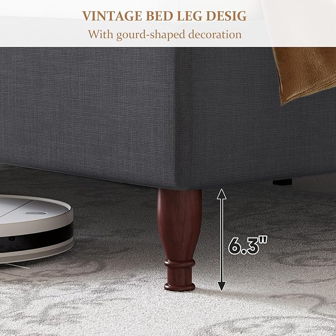 koorlian Queen Upholstered Bed, Soft Chenille Sleigh Platform Bed Frame with Wingback Tall Headboard, Retro Minimalist/No Box Spring Required/Easy Assembly, Grey