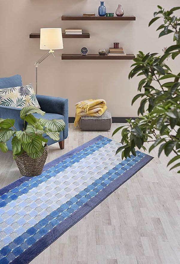 Custom Length Hallway Runner Rug,Slip Resistant,Checkered Blue, 26 Inch X 22 feet, Sold and Priced Per Foot