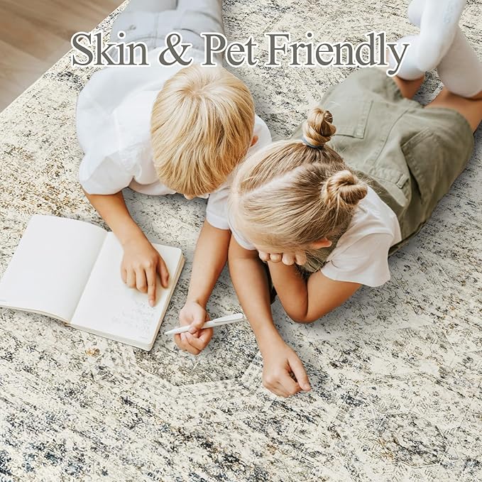 5x7 Area Rugs Blue Ivory Low Pile Indoor Washable Trendy Faded Style Rugs for Bedroom Living Room Dining Room Foldable Non-Slip Thin Print Mat
