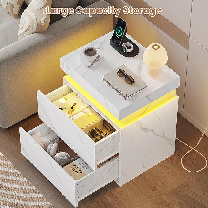 ADORNEVE Nightstand Set of 2,Night Stand with Charging Station & LED Light & Sliding Top,Bedside Table with Drawers,Modern Bed Side Tables Bedroom,White Marble