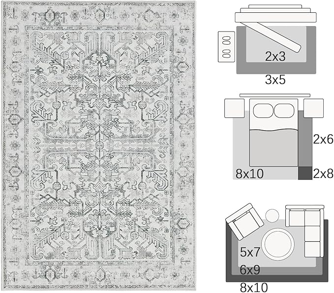 jinchan Lima Living Room Area Rugs 10x12 - Low Pile Washable Stain Resistant Vintage Large Boho Rug Ultra-Thin Non Slip Floral Print Distressed Carpet for Bedroom Dining Room Farmhouse (10x12ft, Grey)