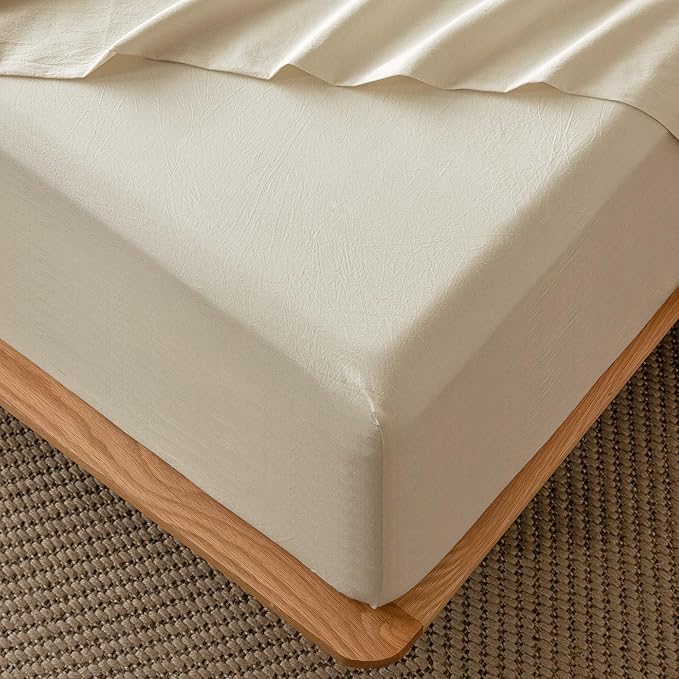 MooMee Fitted Bottom Sheet Only 100% Washed Cotton Linen Like Textured Breathable Durable Soft Comfy Deep Pocket Fits Mattress up to 17" (Almond Milk Grey, Queen)