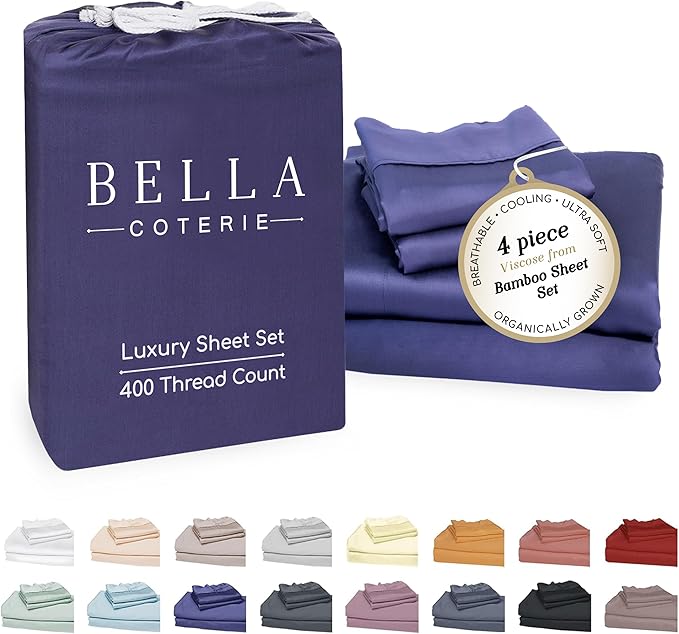 Bella Coterie Luxury Bamboo Viscose Queen Size Sheet Set | 100% Organically Grown | Ultra Soft | Cooling for Hot Sleepers | 18" Deep Pocket [Twilight Blue]