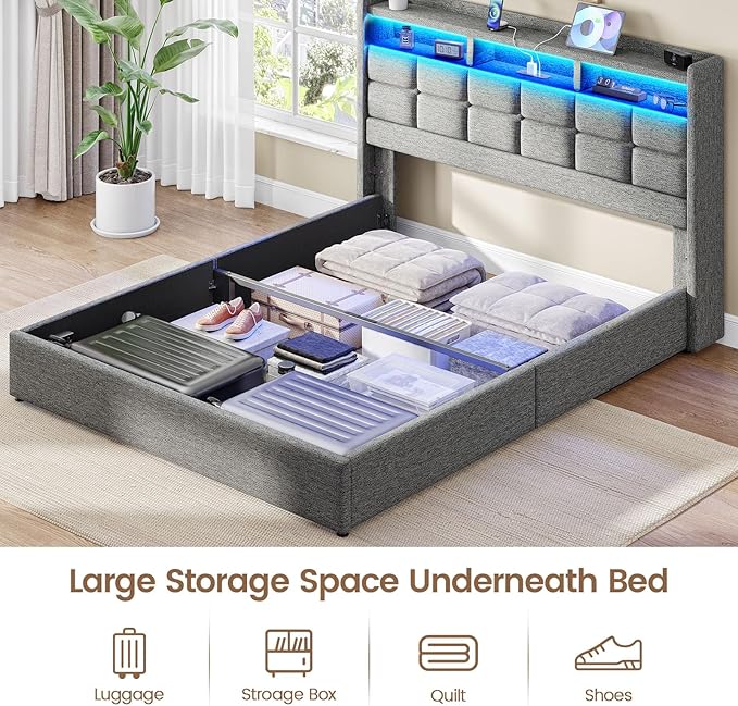 Lift Up Full Size Bed Frame with Storage, Upholstered Full Bed Frame with LED Lights Headboard and Charging Station, No Box Spring Needed, Easy Assembly - Light Grey