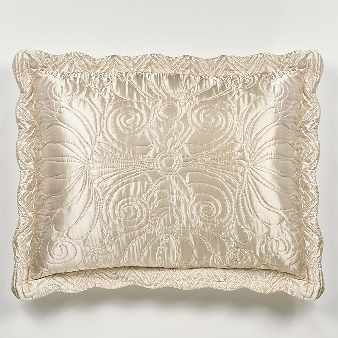 Touch of Class Portia Luxury Bedding | Soft Pearl | Premier Quilted Polyester Satin | Romantic Hand Guided Machine Quilted Scroll Design 3 Piece Set: King Oversized Bedspread and 2 King Shams