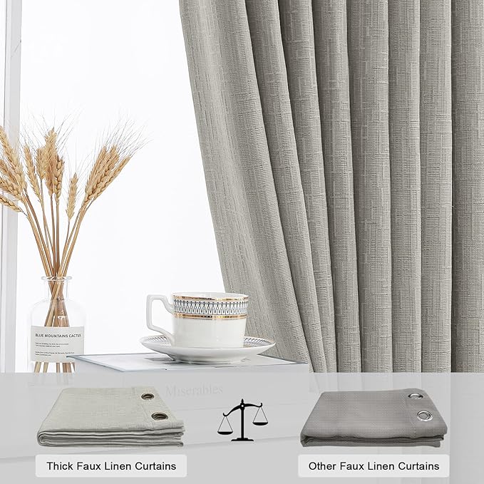 Jacquard Linen Curtains 84 inch Length 2 Panels Thick Faux Linen Blended Window Drapes Burlap Textured Curtains with Grommet for Living Room Bedroom Farmhouse (52x84 Light Khaki) Natural