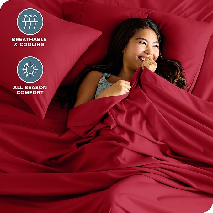 Bare Home Hotel Luxury Queen Sheet Set, Extra Soft - 6 Piece Set - Deep Pockets - Easy Fit - Cooling & Breathable - Wrinkle, Fade, Stain Resistant - Includes 4 Pillowcases (Queen, Red)