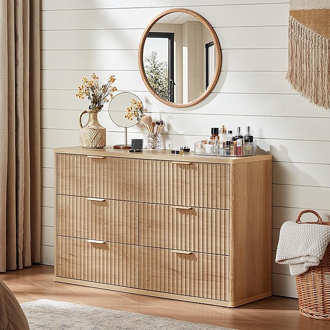 LEYAOYAO Fluted Dressers & Nightstand Set of 4, Wood 48" Wide Dresser & 42" Tall Chest of Drawers,Modern Bedroom Furniture Sets, Natural Wooden Nightstand Set of 2 with 3 Drawers & Charging Station