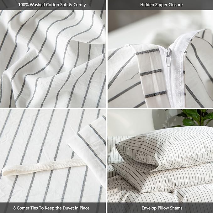 MooMee Striped Duvet Cover Set 100% Washed Cotton Linen Like Textured Breathable Durable Soft Comfy (White Dark Grey Wide Stripes, Alaska King 132"x120")