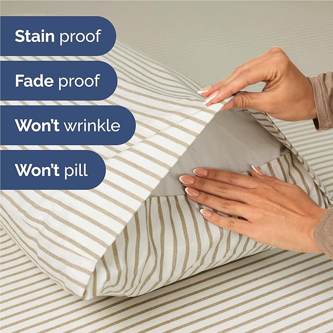 Twin XL 4 Piece Sheet Set - Cooling & Breathable - Hotel Luxury Bedding, Includes Fitted Sheet for Women, Men, Kids & Teens - 1 Flat, 1 Fitted Sheet, 2 Pillowcases with Deep Pockets - Beige Stripes