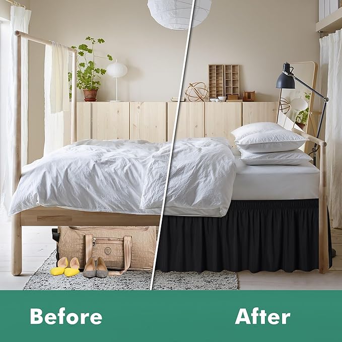 Biscaynebay Wrap Around Bed Skirts with Split Corners for King Beds 18" Drop, Black Adjustable Elastic Dust Ruffles Easy Fit Wrinkle Resistant Silky Luxurious Fabric Machine Washable