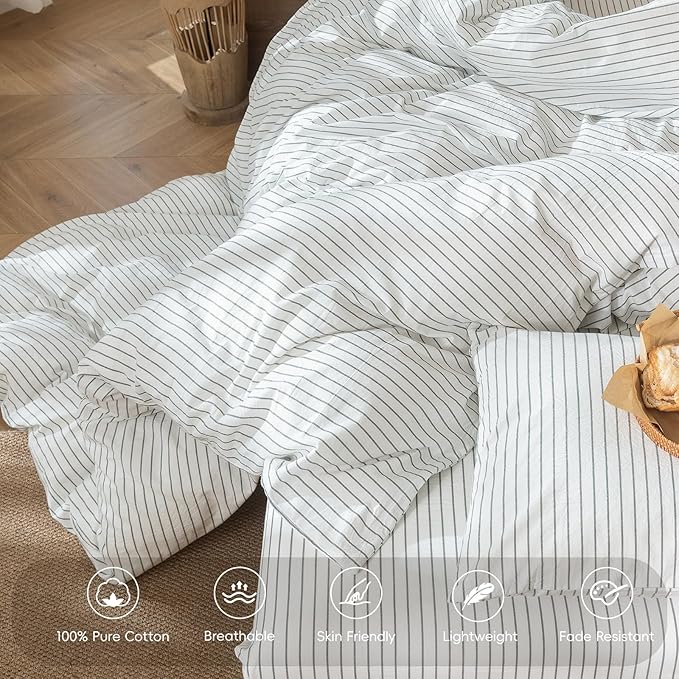 MooMee Striped Duvet Cover Set 100% Washed Cotton Linen Like Textured Breathable Durable Soft Comfy (White Heathered Green Wide Stripes, Alaska King 132"x120")