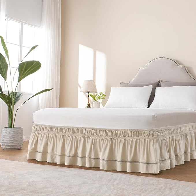 MIYE Wrap Around Ruffled Lace Bed Skirt, Elastic Dust Ruffle with Adjustable Belts, Easy to Put On, Bed Frame Cover, Machine Washable (Ruffled Lace/Beige, King/Queen-18 Drop)