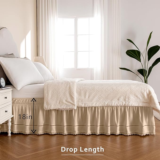 MIYE Wrap Around Ruffled Lace Bed Skirt, Elastic Dust Ruffle with Adjustable Belts, Easy to Put On, Bed Frame Cover, Machine Washable (Floral Lace/Beige, King/Queen-18 Drop)