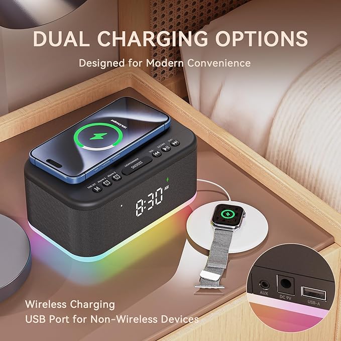 Wireless Charging Alarm Clock Bedroom, Loud Digital Alarm Clocks Bedrooms, Alarm Clock Night Light Speaker 8W Snooze Dual Alarm 12/24H Adjustable Brightness Dimmer Bluetooth, Black