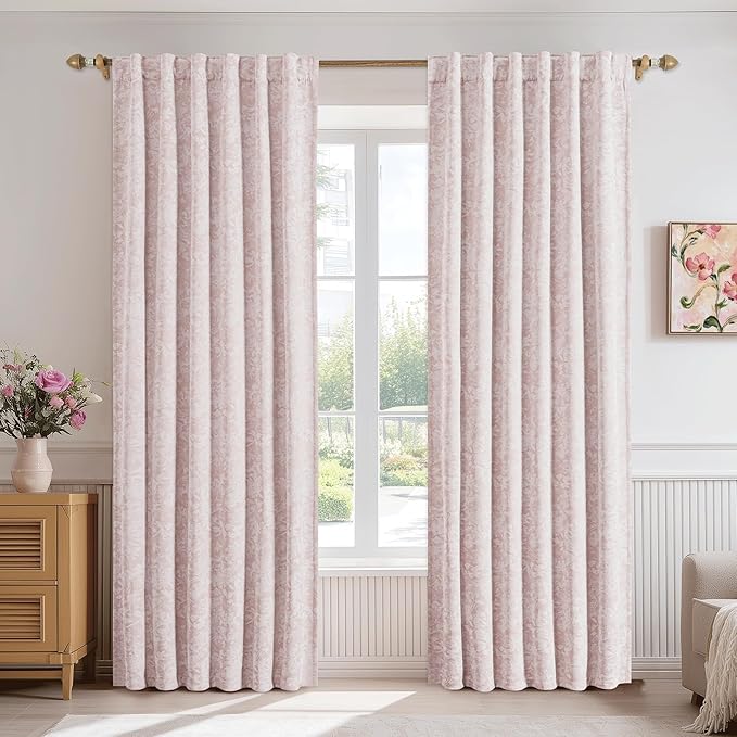 Beauoop Pink Floral Jacquard Blackout Curtains 108 Inches Long 2 Panels for Girls Bedroom Living Room Chenille Flower Room Darkening Thermal Soundproof Rod Pocket Back Tab Window Drapes 52x108