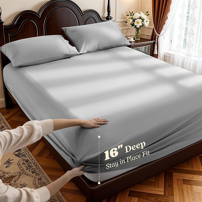 LBRO2M 1000 Thread Count 100% Egyptian Cotton Sheets Set,King Size Bed Sheet 4 Piece Sets,Long Staple,16 Inches Deep Pocket,All Season,Bedding Super Soft Comforterble Breathable,Sateen Weave(Grey)