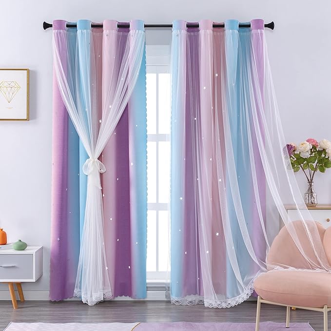 XiDi Curtains for Bedroom Decor, Rainbow Pink Purple/62/96