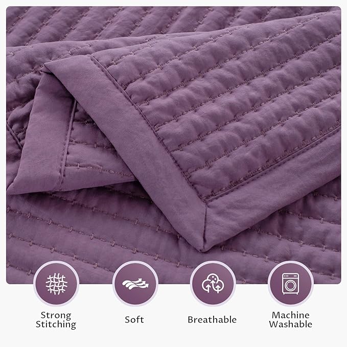 KASENTEX Queen Quilt Set 90"x90" – Soft Washed 3-Layer Lightweight Bedspread, Minimalist Nordic Design, All-Season Spring & Summer Quilt Set (1 Quilt + 2 Pillow Shams),Grape Jam Purple