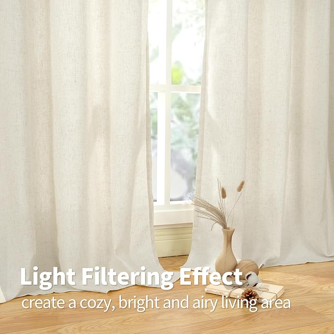 YoungsTex 84 Inches Length Linen Curtains for Living Room 2 Panels, Cream Semi Sheer Drapes with Grommet Light Filtering Window Treatments for Dining Bedroom, 42 X 84 Inch