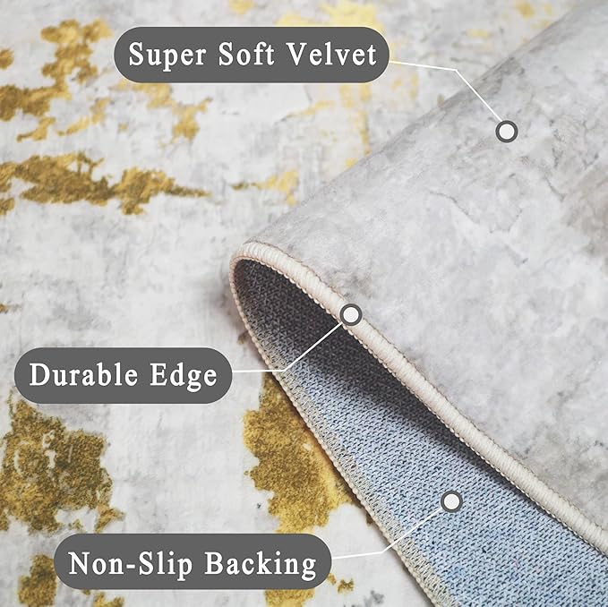 vivorug Washable Rug, Ultra Soft Area Rug 6x9, Non Slip Abstract Rug Carpet, Stain Resistant Rugs for Living Room Bedroom, Modern Fluffy Rug (Grey/Mustard, 6'x9')