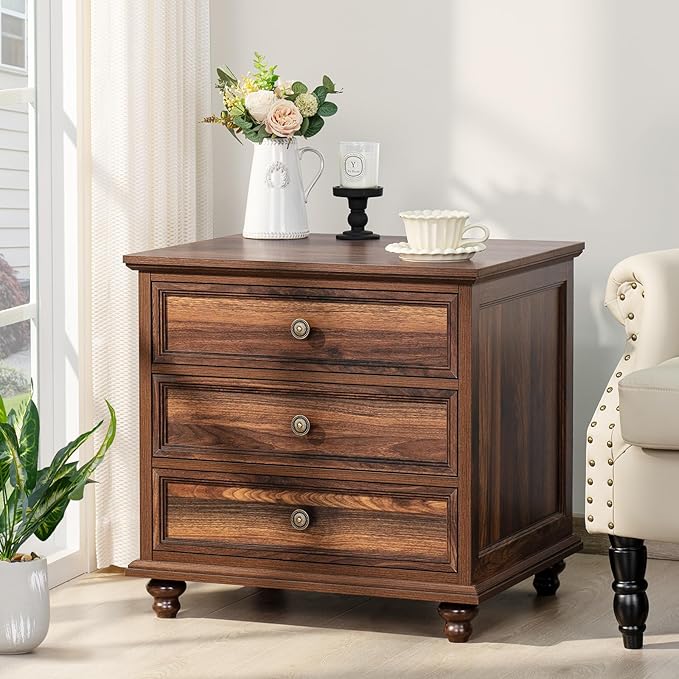24" Wide Farmhouse Night Stand Set of 2,Large End Table with 3 Drawers & Metal Handle,Wood Dresser for Bedroom,Bed Side Table Chest of Drawers Cabinet,Brown Nightstand for Living Room,Closet