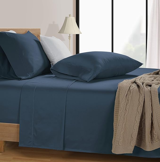 LANE LINEN 100% Cotton 600 Thread Count Twin XL Bed Sheets Set - Fully Elasticized, Cotton Sheets Twin XL Size Bed Set - Soft & Comfy Perfect for Dorm Room, Luxury Hotel Style Sheet - Dark Denim
