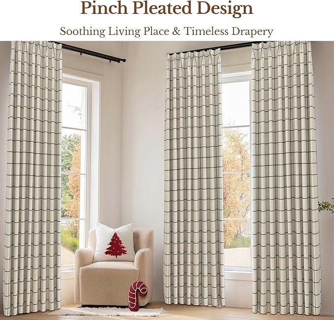 Plaid Pinch Pleated Curtains - Modern Luxury Linen Buffalo Blackout Drapes, Thermal Insulated Double Layer Window Panels for Living Room Bedroom, 108 Inches Long Black 2 Panels Set