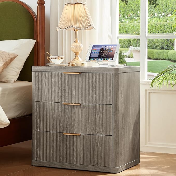 LEYAOYAO 42" Tall Fluted Dresser and 3 Drawers 23" Nightstand Set of 2, Wooden Dresser & Night Stand with Charging Station, 3 Piece Bedroom Furniture Set, Wood Chest of Drawer for Living Room,Grey