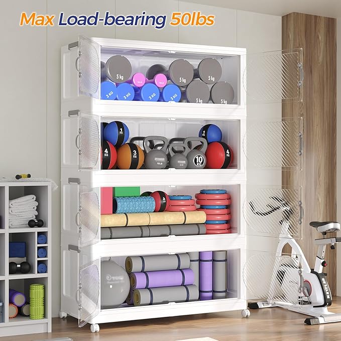 800QT Plastic Stackable Storage Bins with Lid, 200GAL Extra Large Collapsible Box with Wheels Clear Door, Foldable Closet Organizer Container Cabinet Drawer for Home Kitchen，5Pack, White