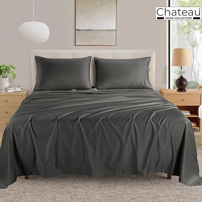 100% Cotton Sheets King Size Sheets Set With Fitted Sheet & Pillowcase Sets, 400 Thread Count Sateen Weave 4 Piece Deep Pocket King Sheet Set, Soft & Comfy Naturally Cool Luxury Bedding- Charcoal