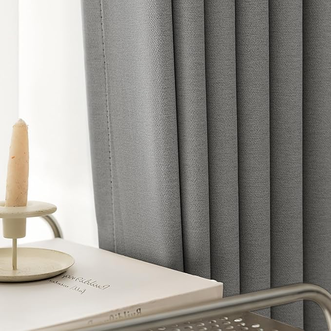 100% Blackout Curtains 80 inch Length 2 Panels Set for Living Room/Bedroom, Linen-Look Textured Full Light Blocking Room Darkening Thermal Insulated Noise Reduction Drapes (W52xL80, Grey)