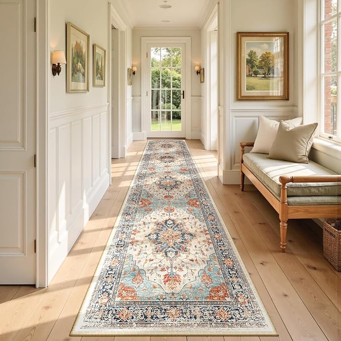 Area Rugs 2'6''x12' Washable Non-Slip, Floral Vintage Distress Print Pattern Medallion Carpet for Living Room Bedroom Dining Room, Beige Navy Blue Orange Colorful