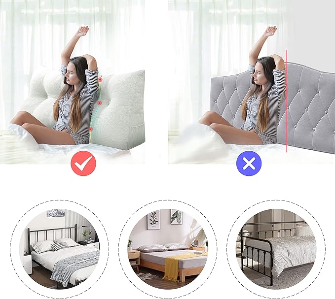 homecozy Wedge Headboard Pillow Dorm Room Reading Pillow Back Support for Sitting Up in Bed Bolster Lumbar Cushion Body Positioning Bedrest Cotton Linen 76in Grey-Beige King