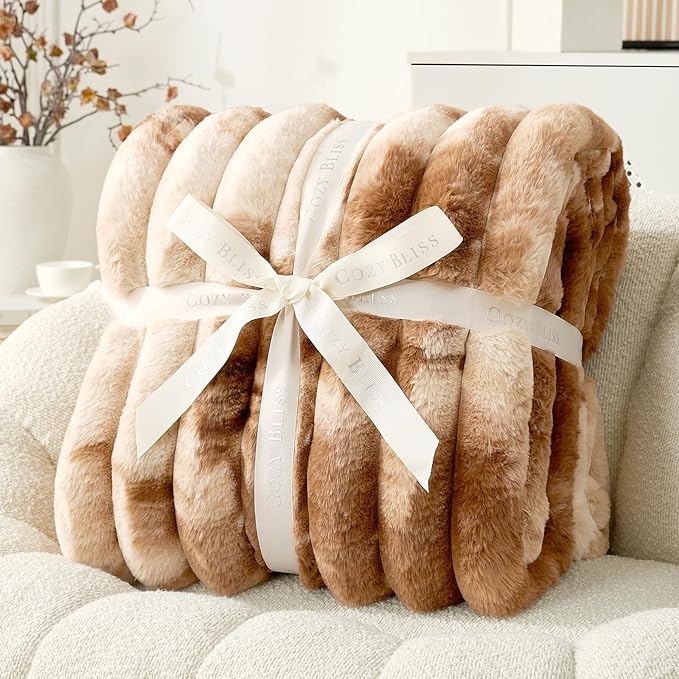 Cozy Bliss Faux Fur Throw Blanket for Couch, Cozy Warm Plush Striped Blanket for Sofa Bedroom Living Room, 50 * 60 Inches Tie-dye Brown