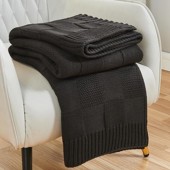 CozeCube Check Knit Throw Blanket, Jet Black Checkered Throw for Couch, Decorative Christmas Soft Cozy Warm Knitted Blanket for Bed Sofa Living Room, 50"X60"