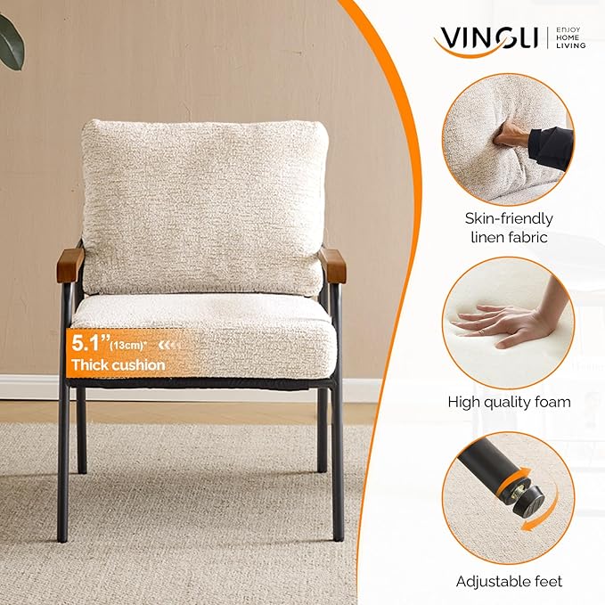 VINGLI Mid-Century Modern Accent Armchiars Set of 2 for Small Space, Small Comfy Upholstered Leisure Reading Chairs with Wood Armrests for Bedroom, Living Room, Waiting Room, Linen Beige