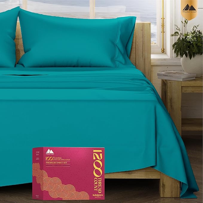 Mayfair Linen 100% Egyptian Cotton Sheets King Size - Luxury 1200 High Thread Count Egyptian Cotton King Size Sheets Set (4 PC, Teal), Silky Soft, Cooling, 17" Deep Pocket Sateen Weave Hotel Bedding