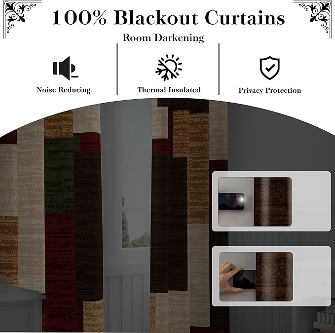 Brown Red Vintage 100% Blackout Curtains for Bedroom 84 inch Length 2 Panels Set Modern Abstract Geometric Black Out Curtains Insulated Room Darkening Window Drapes for Living Room, 52Wx84L