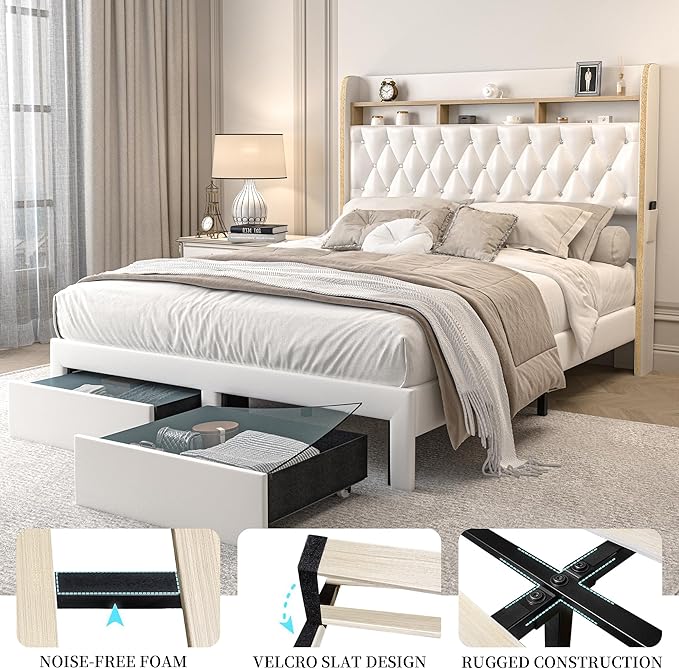 Queen LED Bed Frame with 2 Storage Drawers, PU Upholstered Platform Beds with Galaxy Star Projector Charging Station Speaker, Aurora Bedframe with 2-Tier Storage Headboard, Noise-Free, White